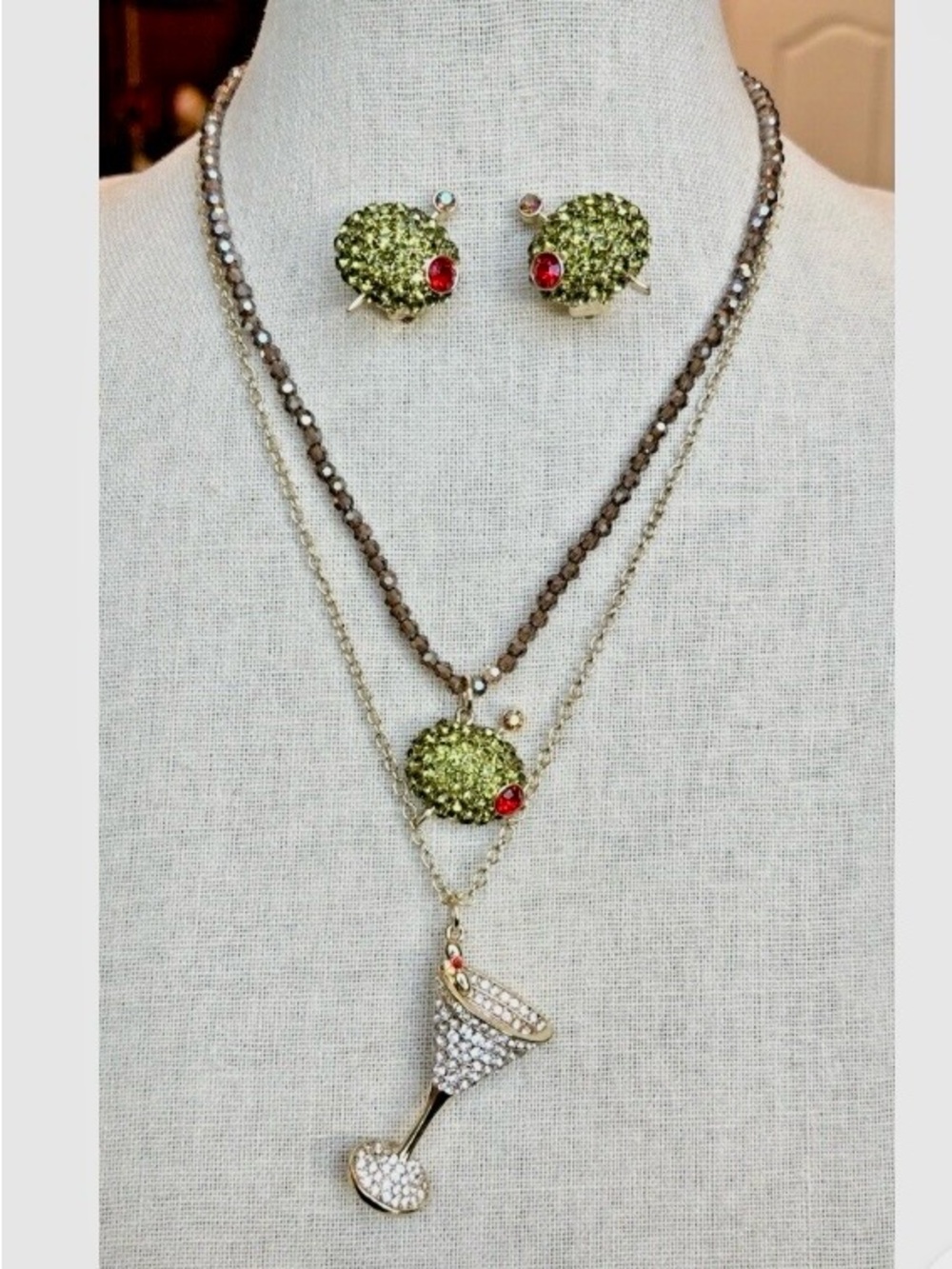-“It’s Five O’Clock Somewhere” 3pc with Olive Green Crystal and Red Accents